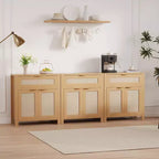 Buffet bahut moderne en rotin avec portes, meuble d'appoint étroit bohème avec rangement, console de bar à café