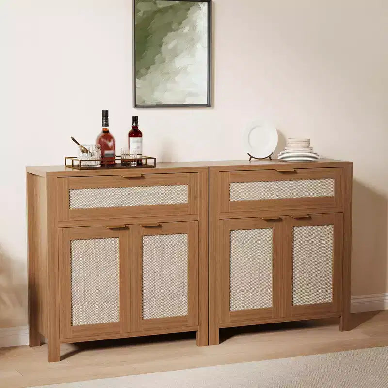 Buffet bahut moderne en rotin avec portes, meuble d'appoint étroit bohème avec rangement, console de bar à café