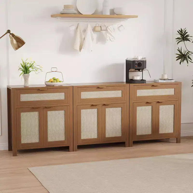 Buffet bahut moderne en rotin avec portes, meuble d'appoint étroit bohème avec rangement, console de bar à café
