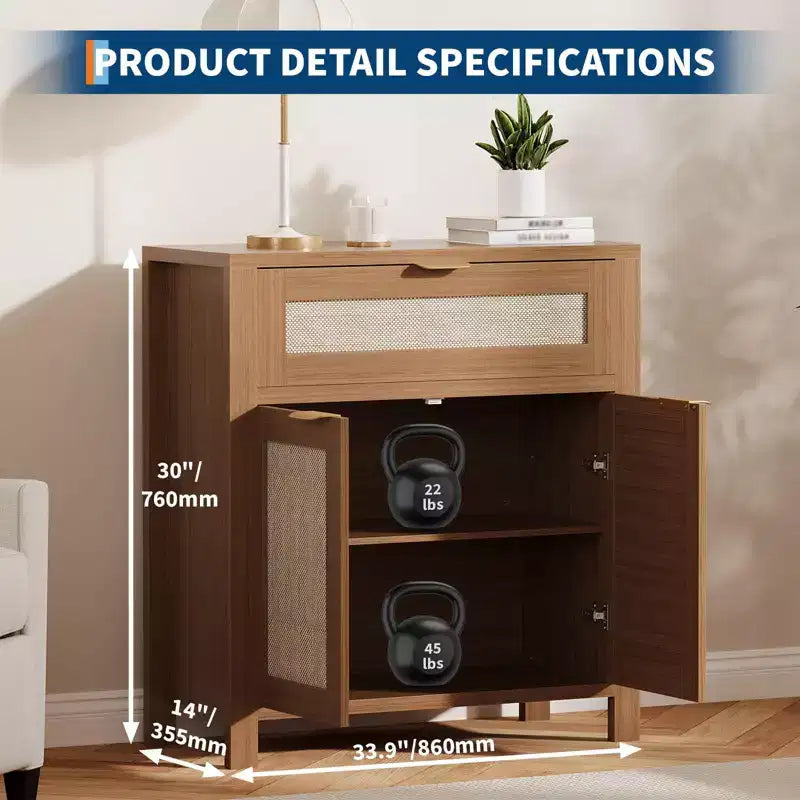 Buffet bahut moderne en rotin avec portes, meuble d'appoint étroit bohème avec rangement, console de bar à café