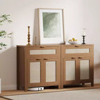 Buffet bahut moderne en rotin avec portes, meuble d'appoint étroit bohème avec rangement, console de bar à café