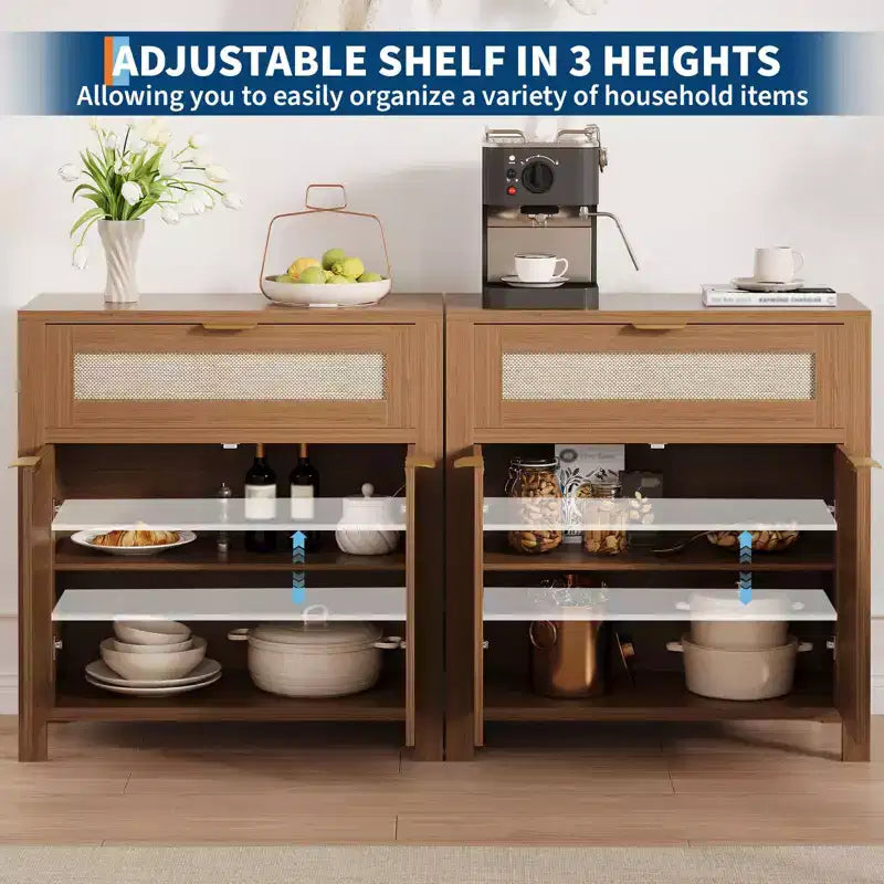 Buffet bahut moderne en rotin avec portes, meuble d'appoint étroit bohème avec rangement, console de bar à café