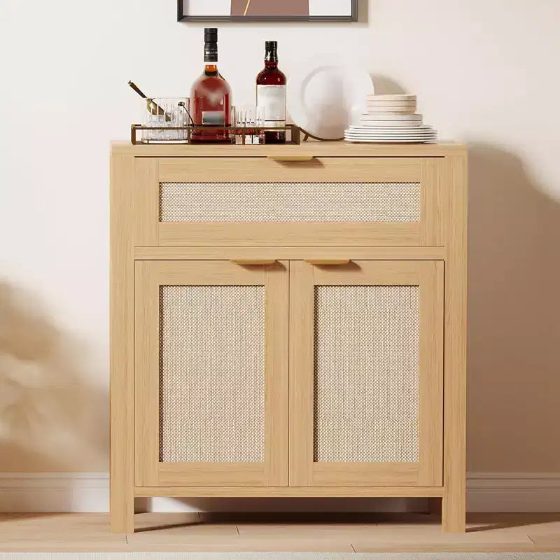 Buffet bahut moderne en rotin avec portes, meuble d'appoint étroit bohème avec rangement, console de bar à café